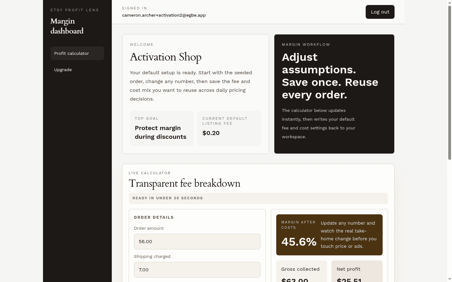 Authenticated Etsy Profit Lens dashboard showing profit calculator fields and fee breakdown results.